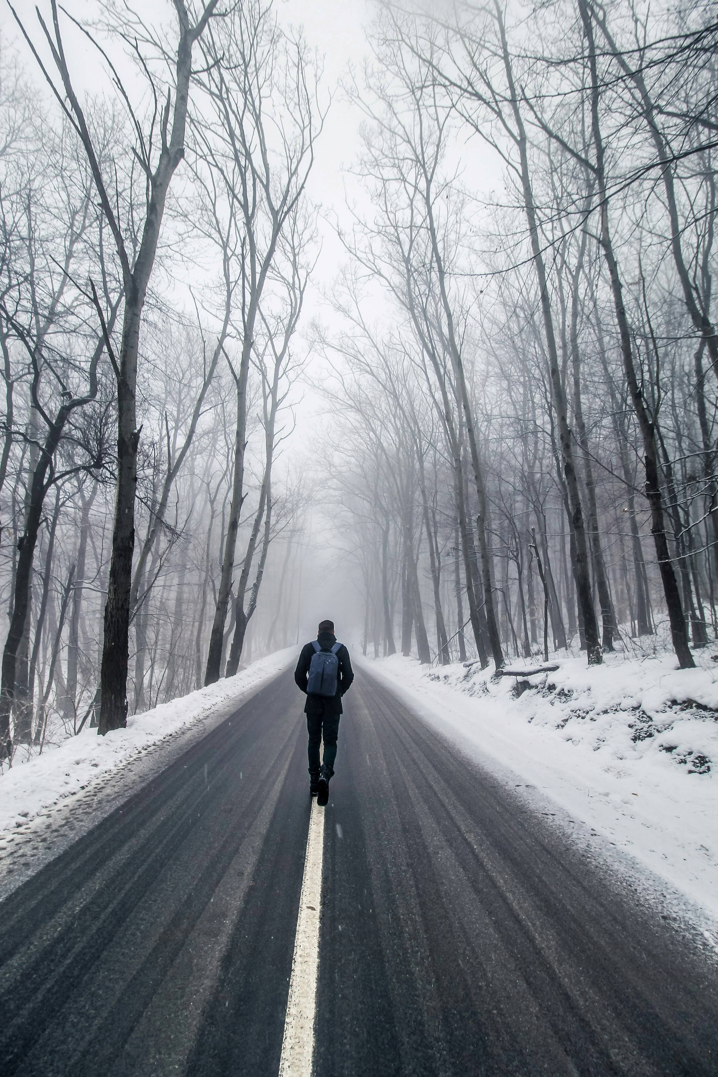A lone figure at a path diverging through open ground